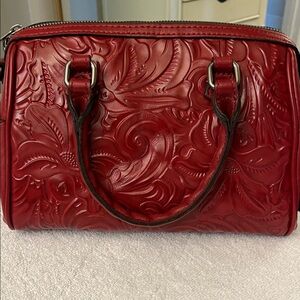 Patricia Nash Deep Red embossed leather satchel handbag.